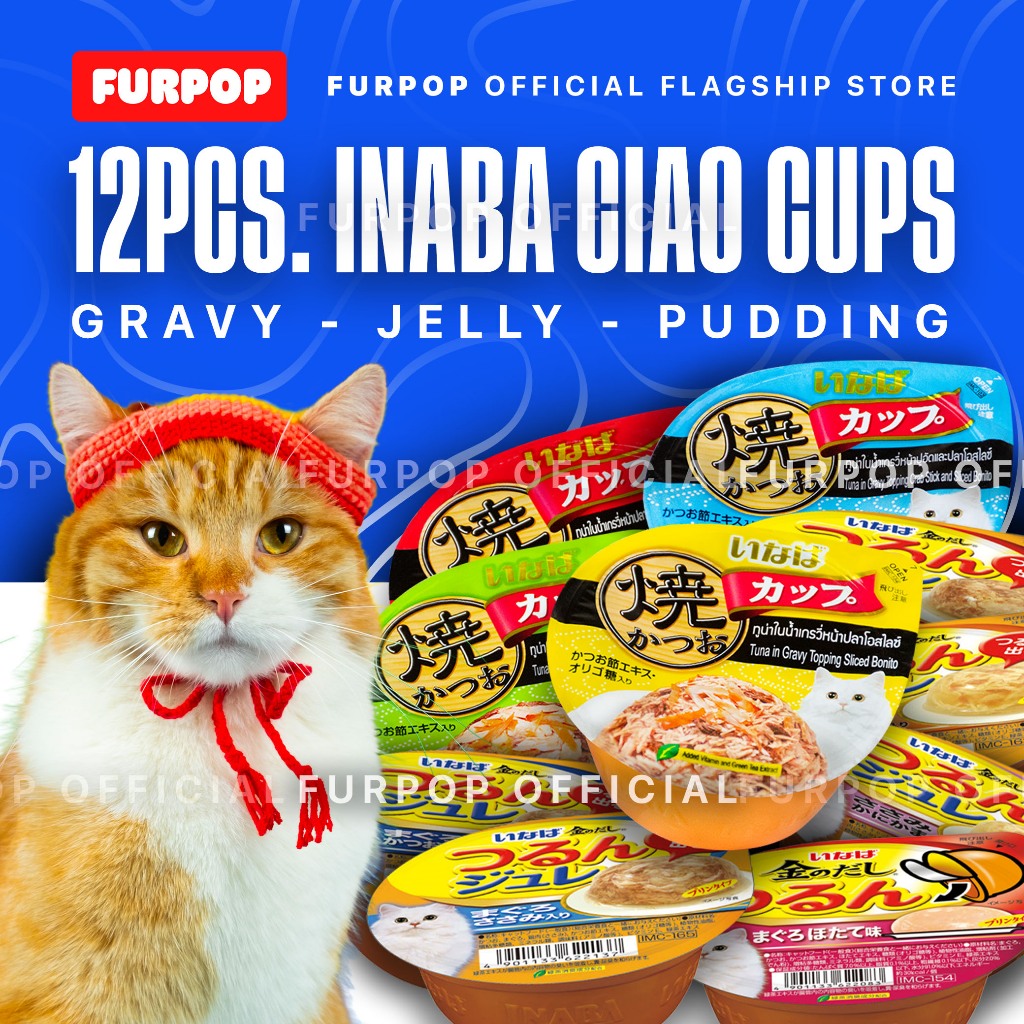 12PCS Ciao Inaba Cups Jelly Gravy Pudding Wet Cat Food (Gravy70g - Pudding65g - Soft Jelly65g)